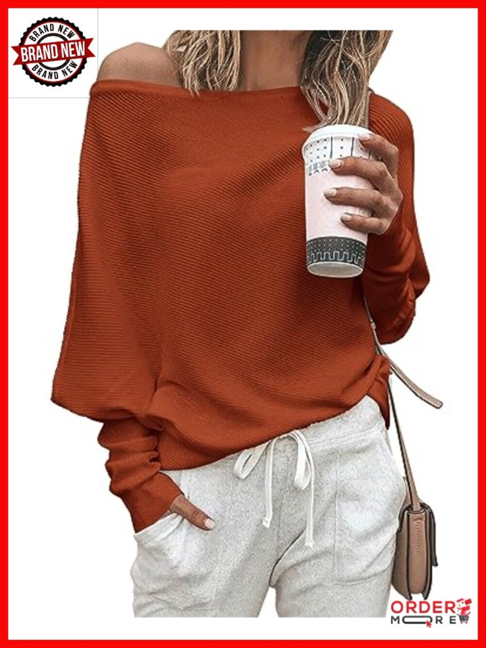 Women's Off The Shoulder Knit Sweater Pullover Batwing Long Sleeve